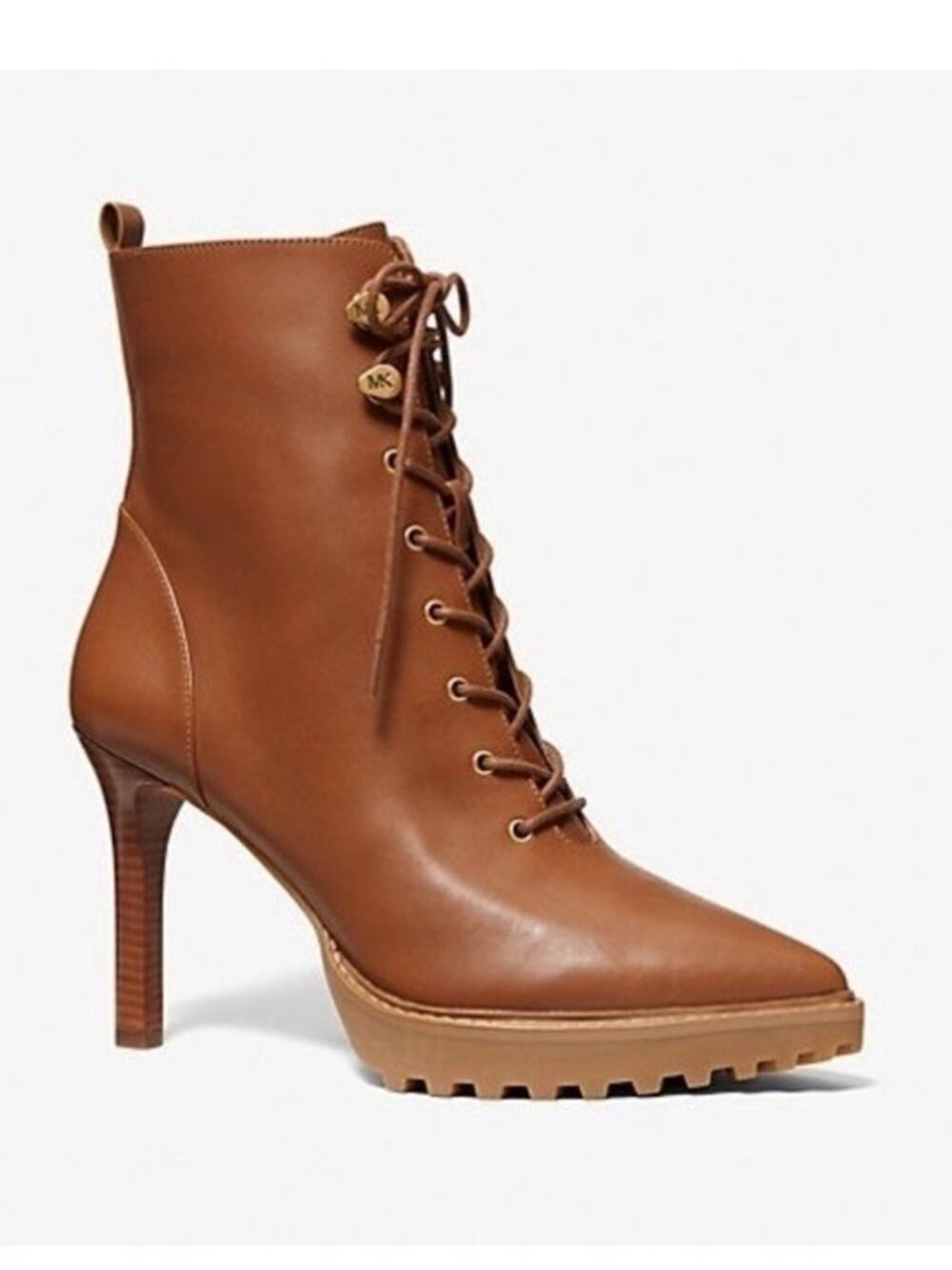 Michael Kors Kyle Leather Lace-Up Heeled Ankle Boots Cognac Brown size 8.5 NWOB